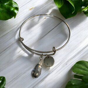 Silver Tone Charm Bangle With Faux Quartz Teardrop Gem & Charm